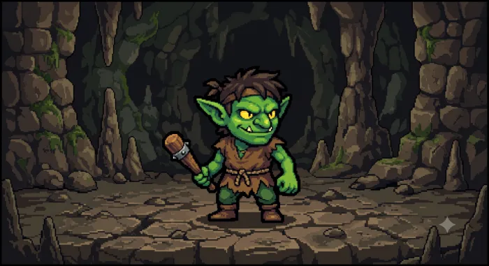 AI-generated goblin character, second one-shot generation in a different rendering style